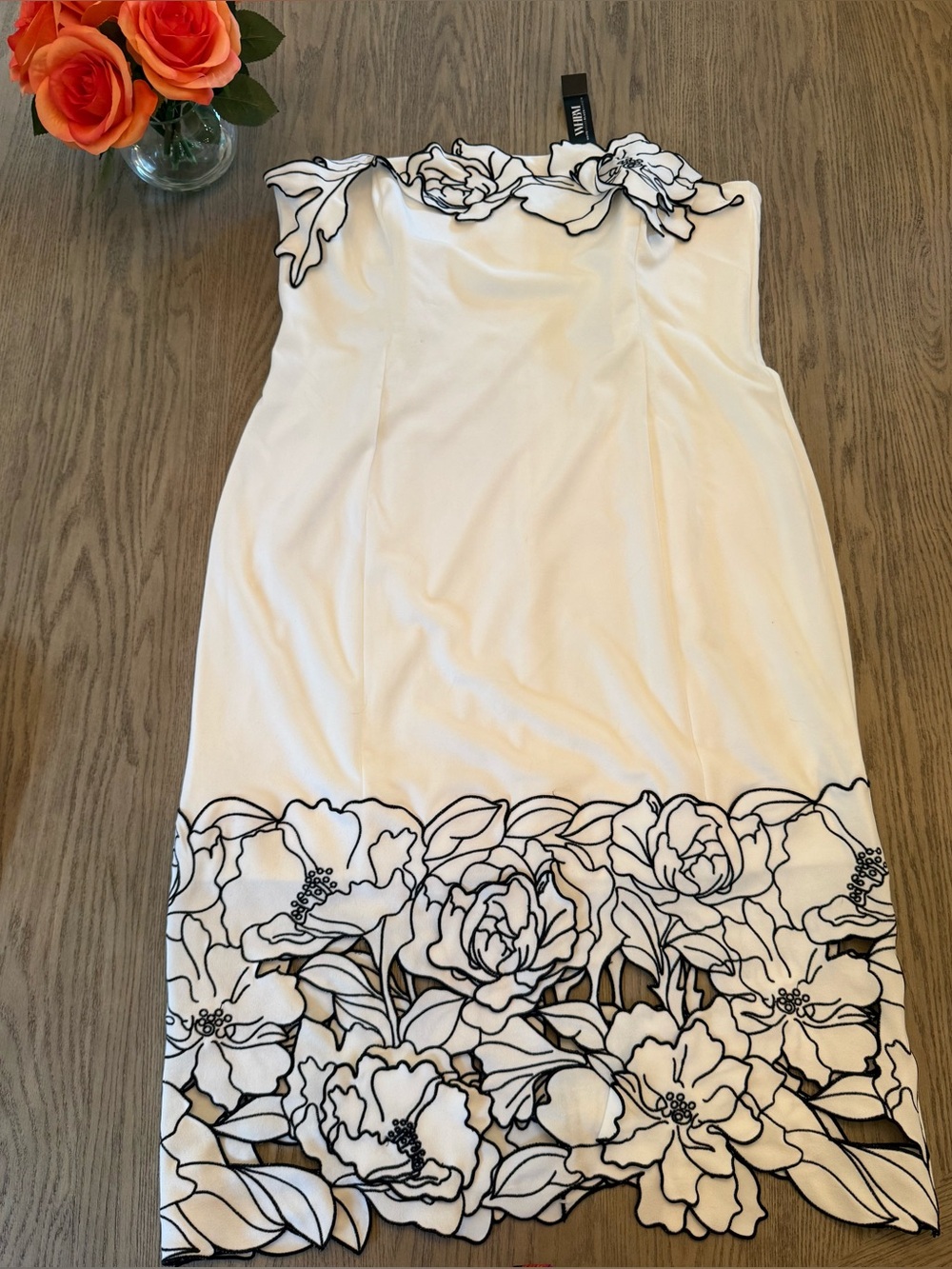 White House Black Market White Strapless Dress with Black Floral Outline
